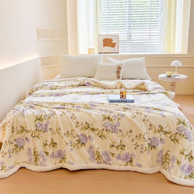 Cartoon Style Lamb Wool Printed Blanket Autumn Winter Thick Bedding Blanket for Single Double Napping Shawl for Office Sofa