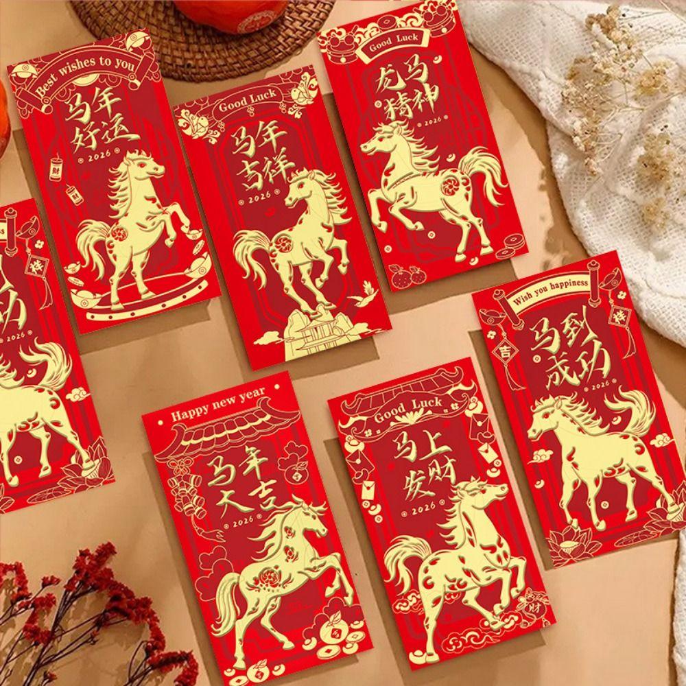 6Pcs/Set Horse Year 2026 Red Envelope Traditional Mixed Pattern Chinese New Year Envelope Lucky Blessings Printing Red Pocket