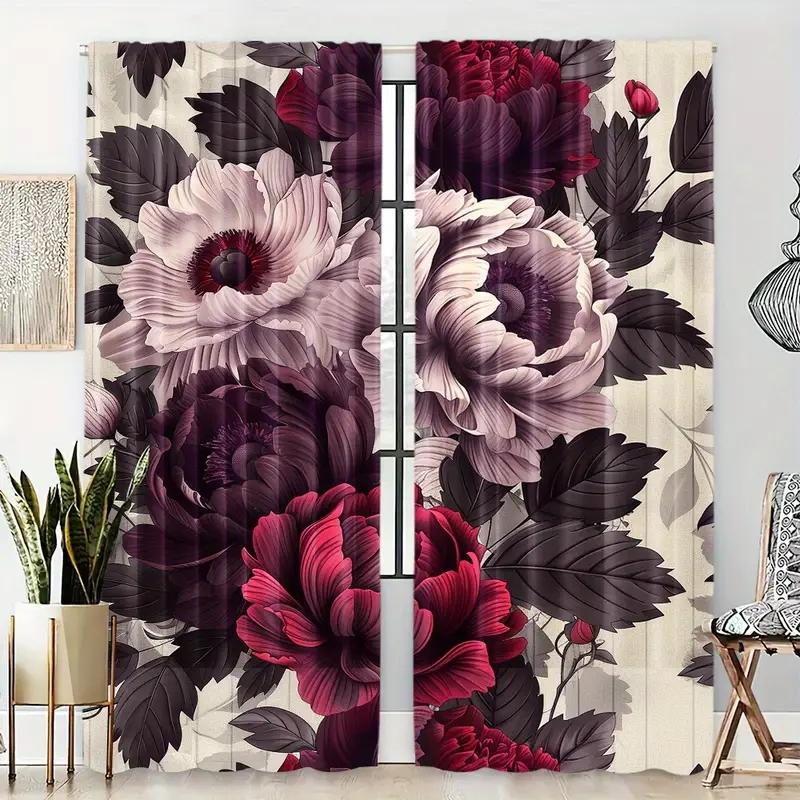 Комплект из 2 шт. Элегантный цветочный и растительный узор для штор с карманами для уединения и декора в гостиной, спальне, кухне