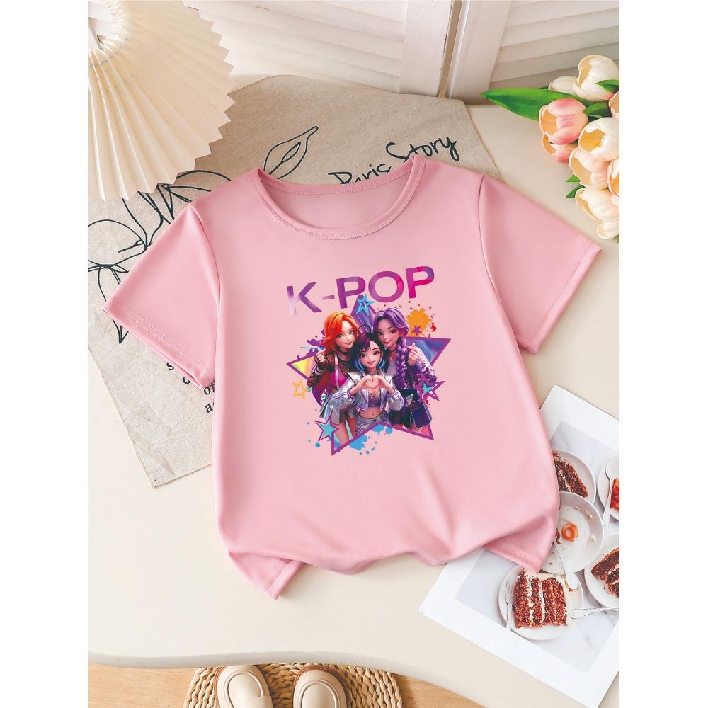 Девочки K-POP Идол Группа Принт Футболка с коротким рукавом Милый Мультяшный Графический Принт Детская Летняя Повседневная Футболка