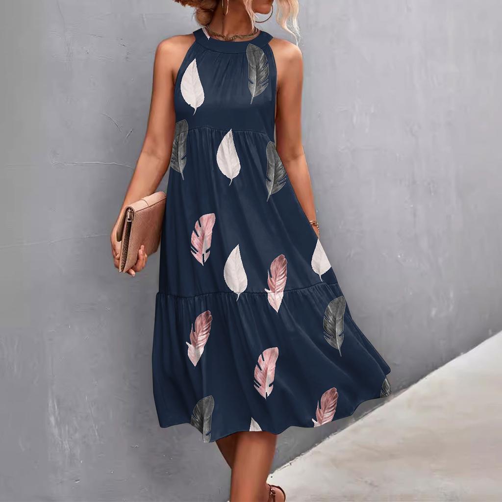 Women's Summer Sleeveless Solid Color Printed Loose Splicing Casual Hanging Neck Beach Dresses
