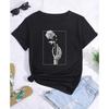 Skeleton and Flower Printed Pattern Women's Casual Comfortable Crew-neck Fitted T-shirt