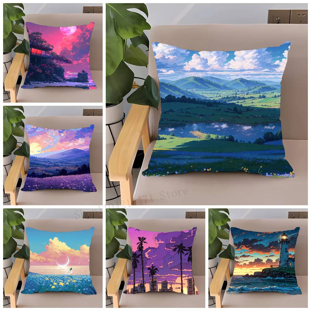 Anime Scenery Design Pillow Case Home Decor Throw For Sofa Bed Car Room Decor Gift Idea