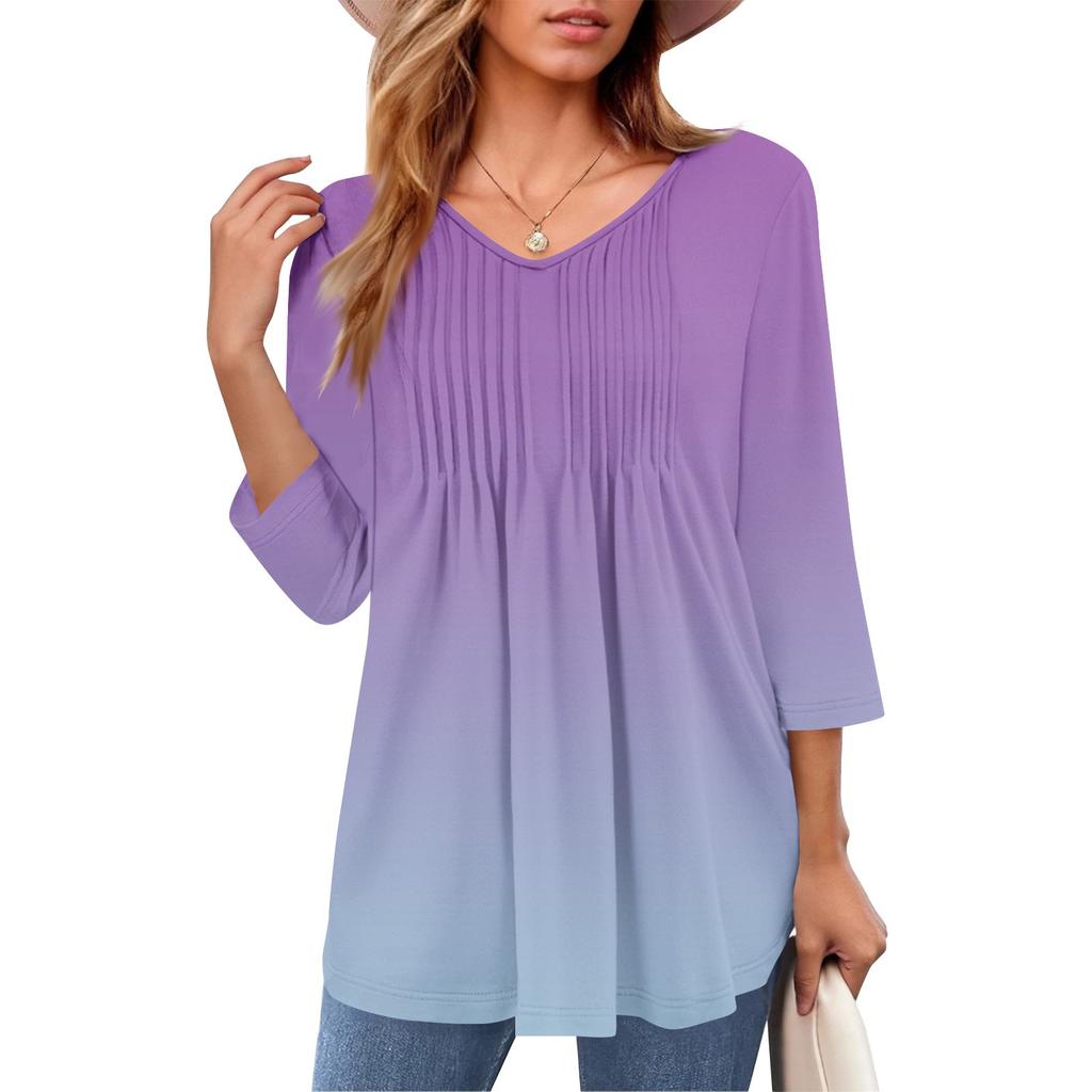 Женские топы с V-образным вырезом и рукавом три четверти в полоску, плиссированные, повседневные, летние, модные, рубашки