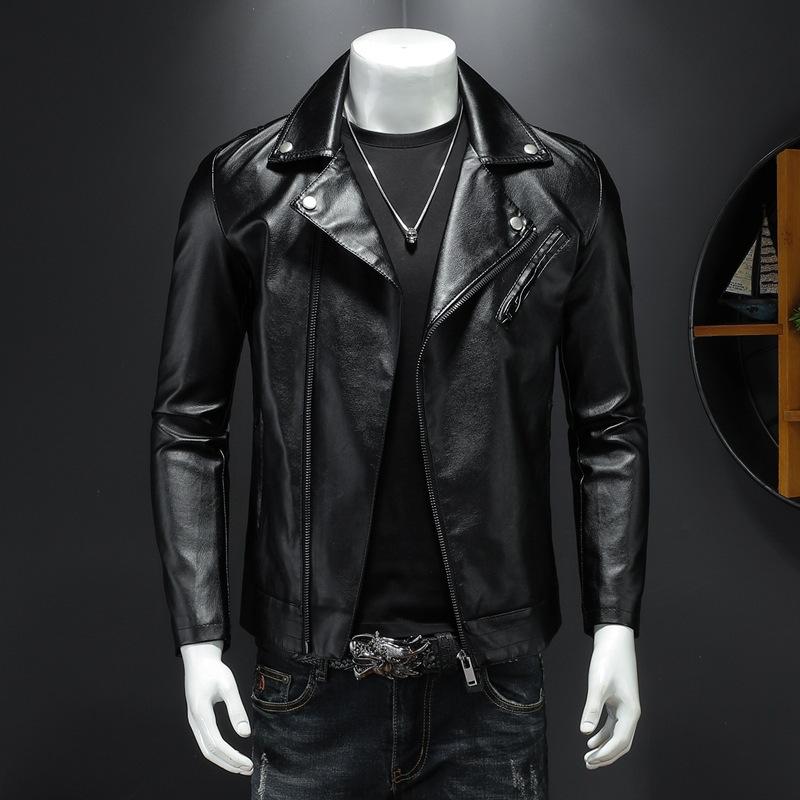 Кожаная куртка с воротником-стойкой и косой молнией Slim Fit Велосипедный костюм Куртка для локомотива Весна и осень