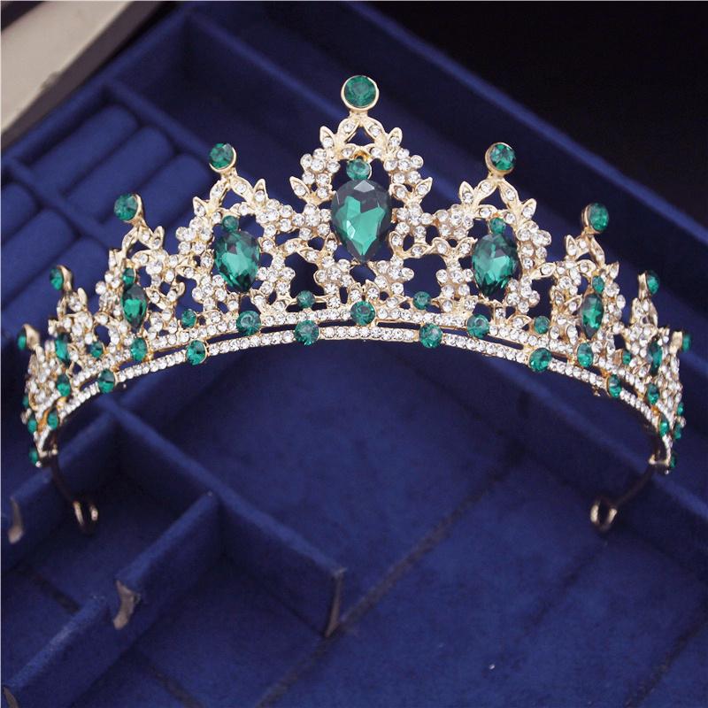 Baroque Rhinestone Crystal Green Tiaras Bride Headdress Girls Prom Birthday Bridal Crown Wedding Hair Jewelry Accessories