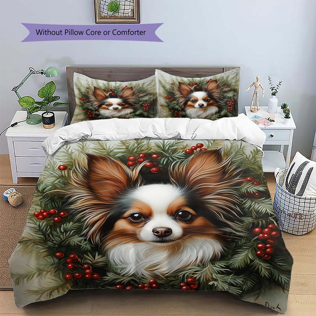 Holly Wreath Cat and Dog Pattern Bedding Quilt Set Quilt Cover Pillowcase Home Decoration Gift (1 * duvet cover + 2 * pillowcase, without core)