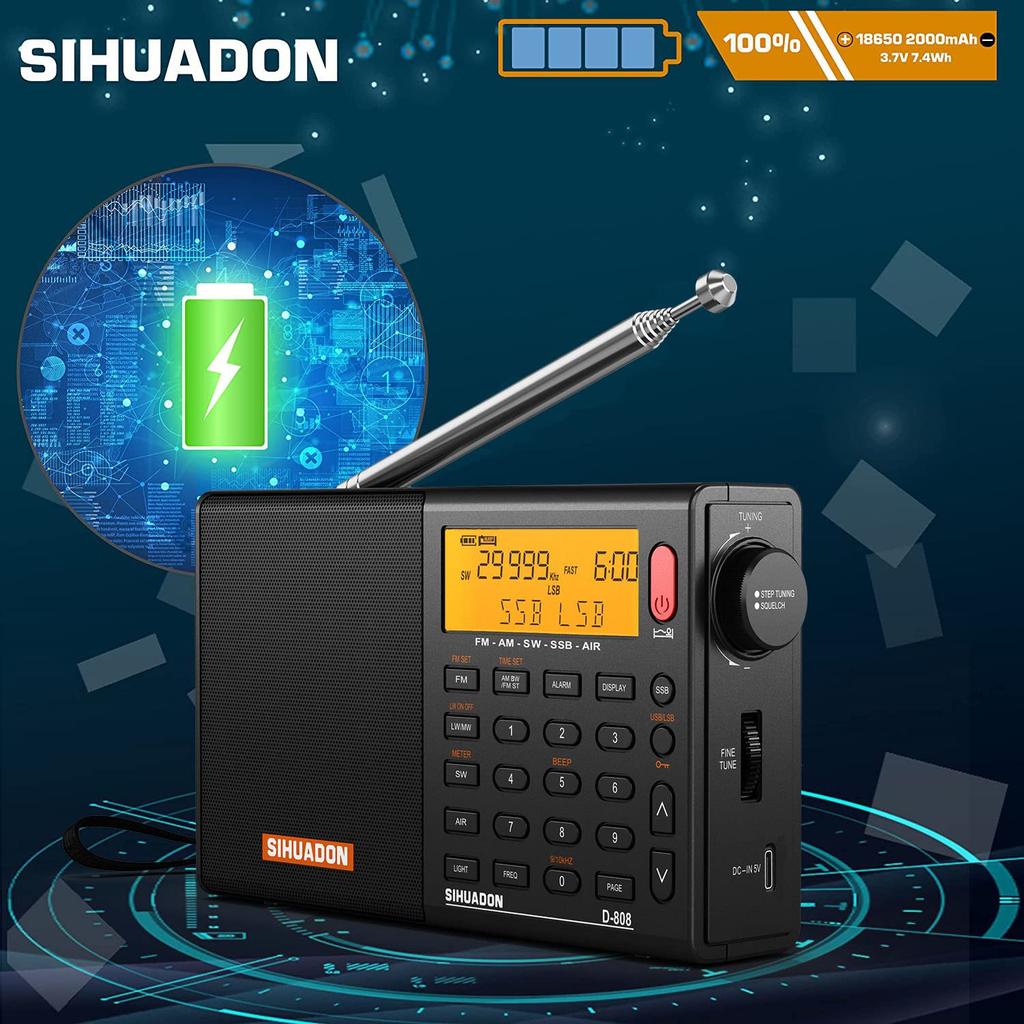 Портативное радио SIHUADON D-808, FM/AM/SW/LW/Авиадиапазон, SSB/BCL/DSP/RDS, Чувствительность, Компактное, В комплекте простое руководство пользователя на японском языке