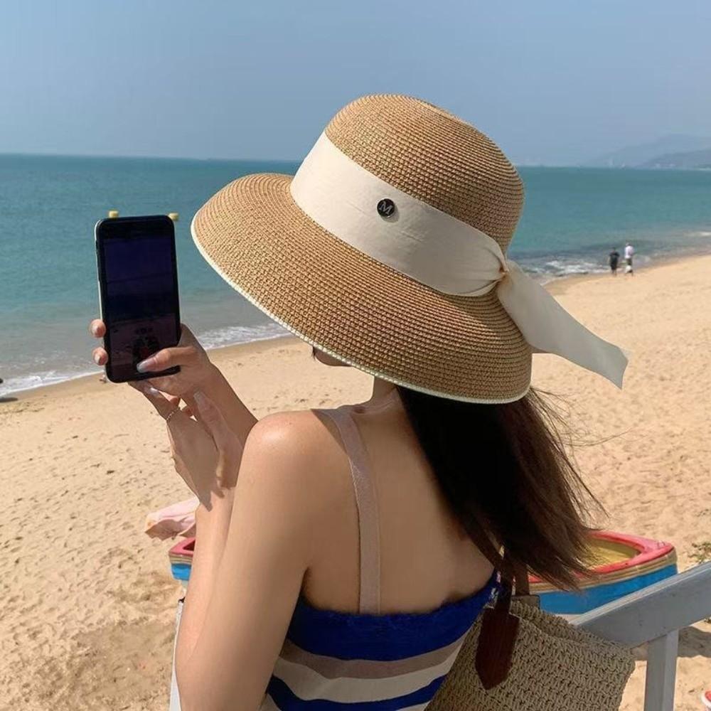 Silk Strap Wide Brim Hat Sun Protection Summer Sun Cap Elegant Beach Bucket Hat Women