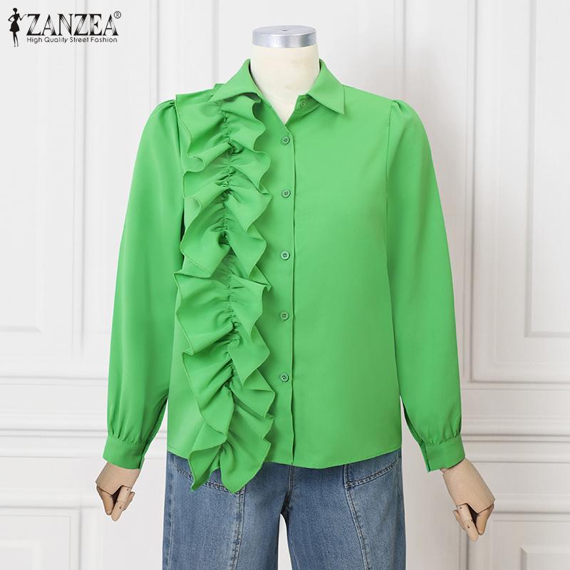 ZANZEA Женская повседневная однотонная рубашка с длинным рукавом и оборками