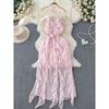 Pink Halterneck Dress Women's French Sweet Girlish Style Ruffles Patchwork Sleeveless Vacation Dress Fairy Long Dress