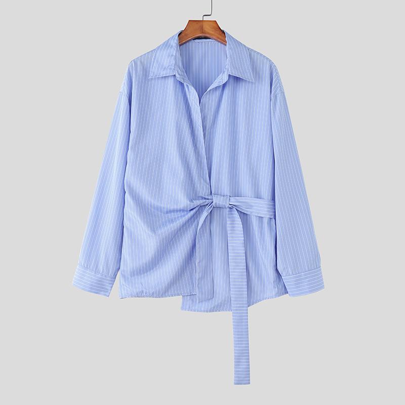 INCERUN Мужские весенние рубашки с отложным воротником, длинным рукавом, боковым перекручиванием, в полоску