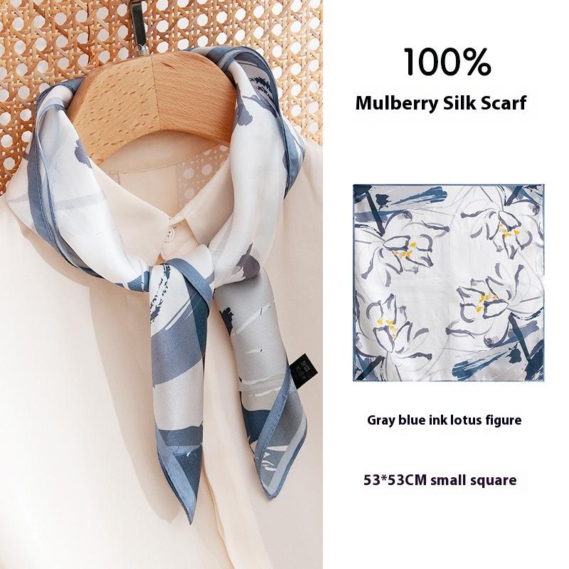 53Cm Satin Blue Printed Silk Neck Small Square Scarf 100 Mulberry Silk Scarf OL Versatile New Silk Scarf