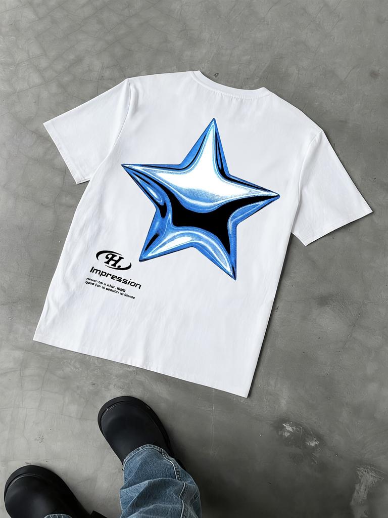 Metallic Blue 3D Star Printed Unisexs Tee Soft Pure Cotton Urban Street Trend Korean Casual Summer Daily Short Sleeve Tops
