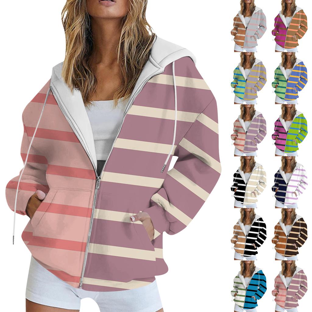 Women's Long Sleeve Print Sweatshirt Long Sleeve Pocket Jacket Zipper Hoodie Coat