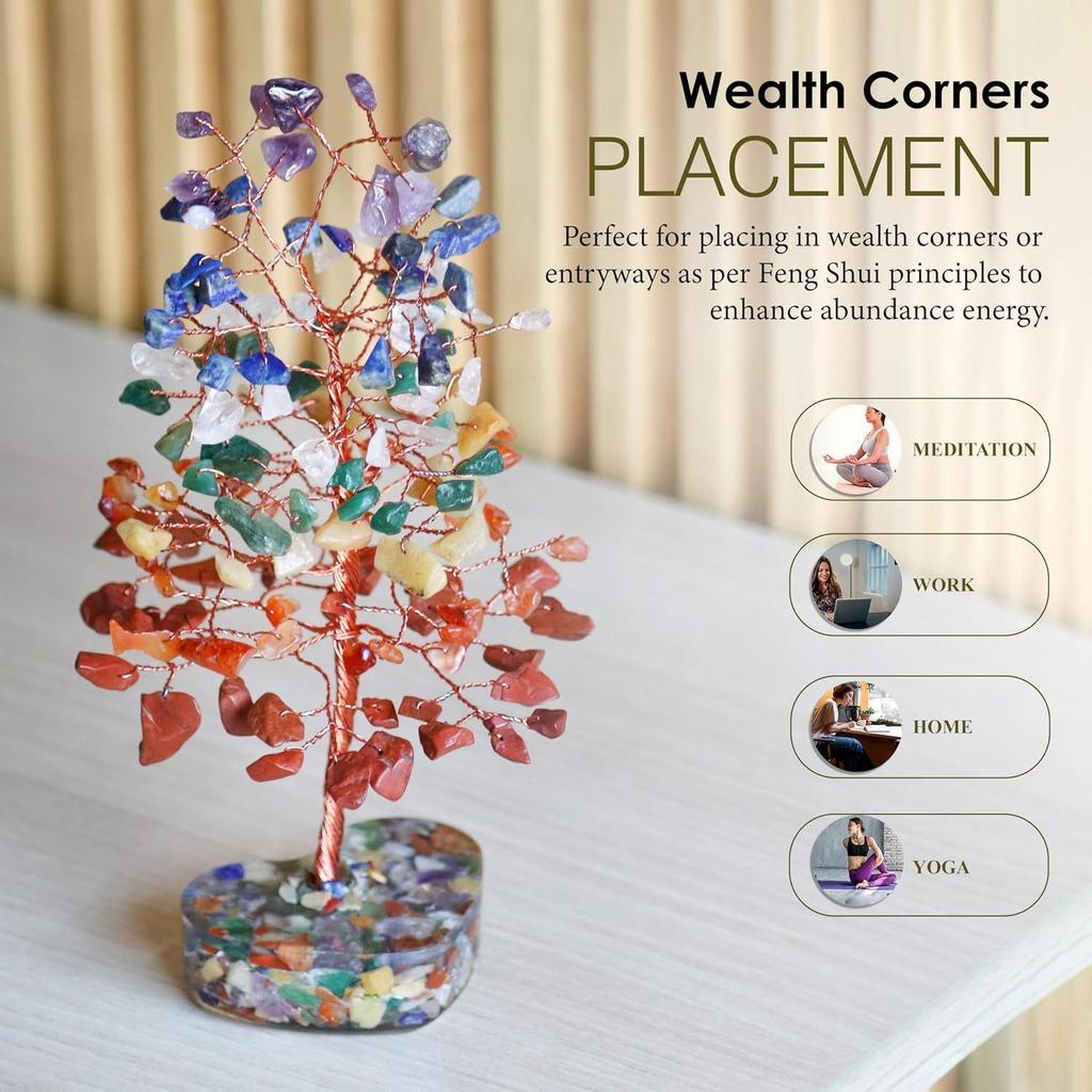 7 Chakra Gemstone Bonsai Tree with Orgone Heart Base – Feng Shui Showpiece for Positive Energy & Home Décor