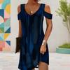 Women Plus Size V Neck Cold Shoulder Short Sleeve Printed Blue Green Casual Dress