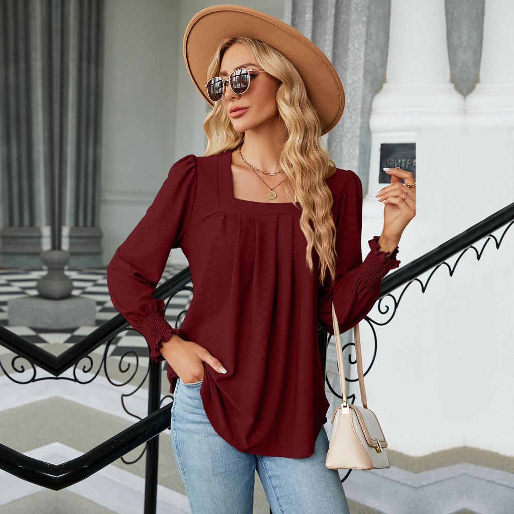 GMXIA Women's Fashion Casual Solid Color Print Long Sleeve Square Collar Blouses & Shirts