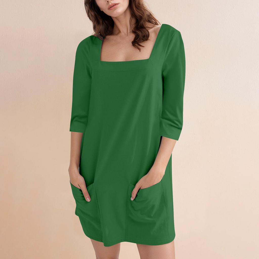 Женское модное повседневное однотонное короткое платье с квадратным вырезом и рукавом 3/4