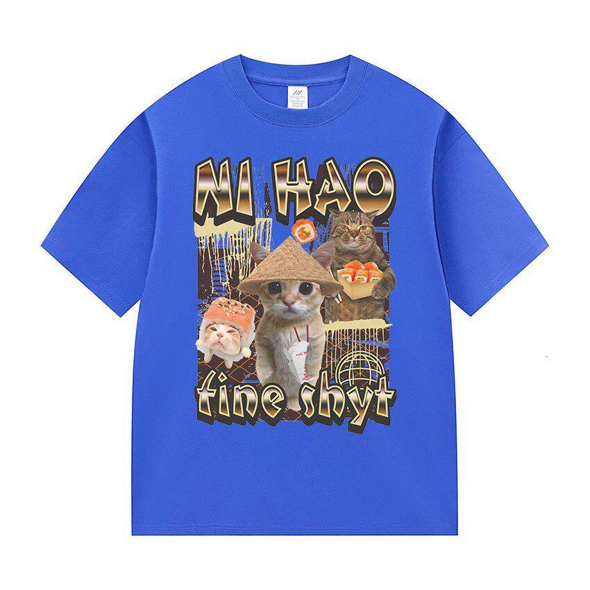 Ni Hao Fine Shyt Funny Cat Graphic T Shirt Unisex Women Vintage Harajuku Fashion Tshirt 2026 Summer Cotton Oversized Tshirts Tops