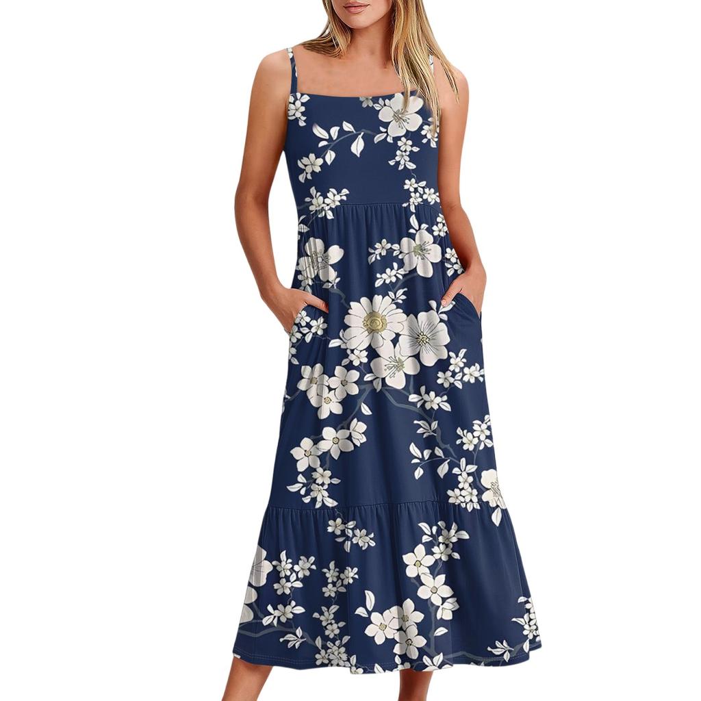 Женское длинное пляжное повседневное элегантное платье макси на тонких бретельках с цветочным принтом, струящееся платье в стиле бохо