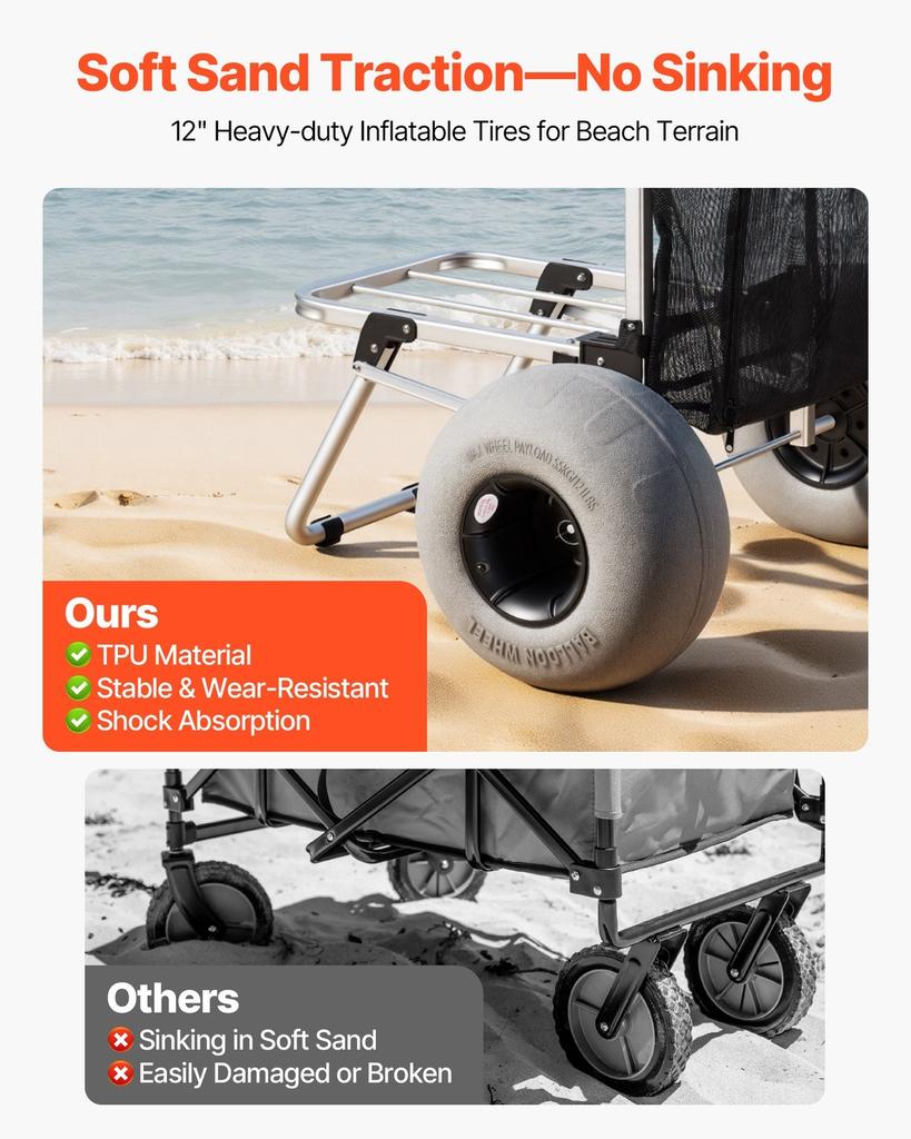 Beach Dolly with Big Wheels for Sand, 505 x 374 mm Cargo Deck, Folding Sand Cart with 320 mm Balloon Wheels, 75 kg Load Capacity, 860-1160 mm