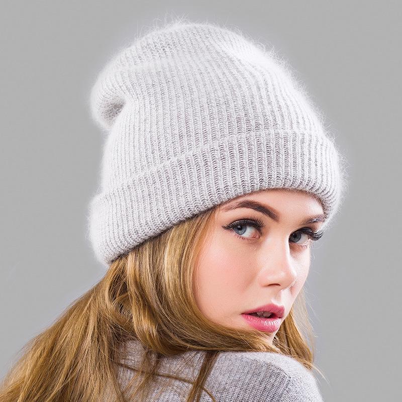 Women Winter Warm Hats Angora Rabbit Hair Knit Beanie Girls Fashion Double Layer Cuff Trendy Skull Cap
