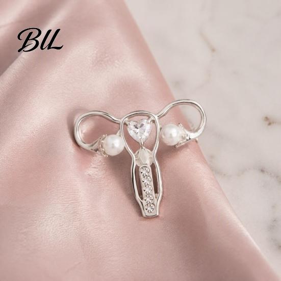 Golden Tone Brooch Uterus with Rhinestone Faux Pearl, Human Organ Lapel Pin, Female Accessory Hollow Shaped Jewelry for Coats Sweaters Scarves Body