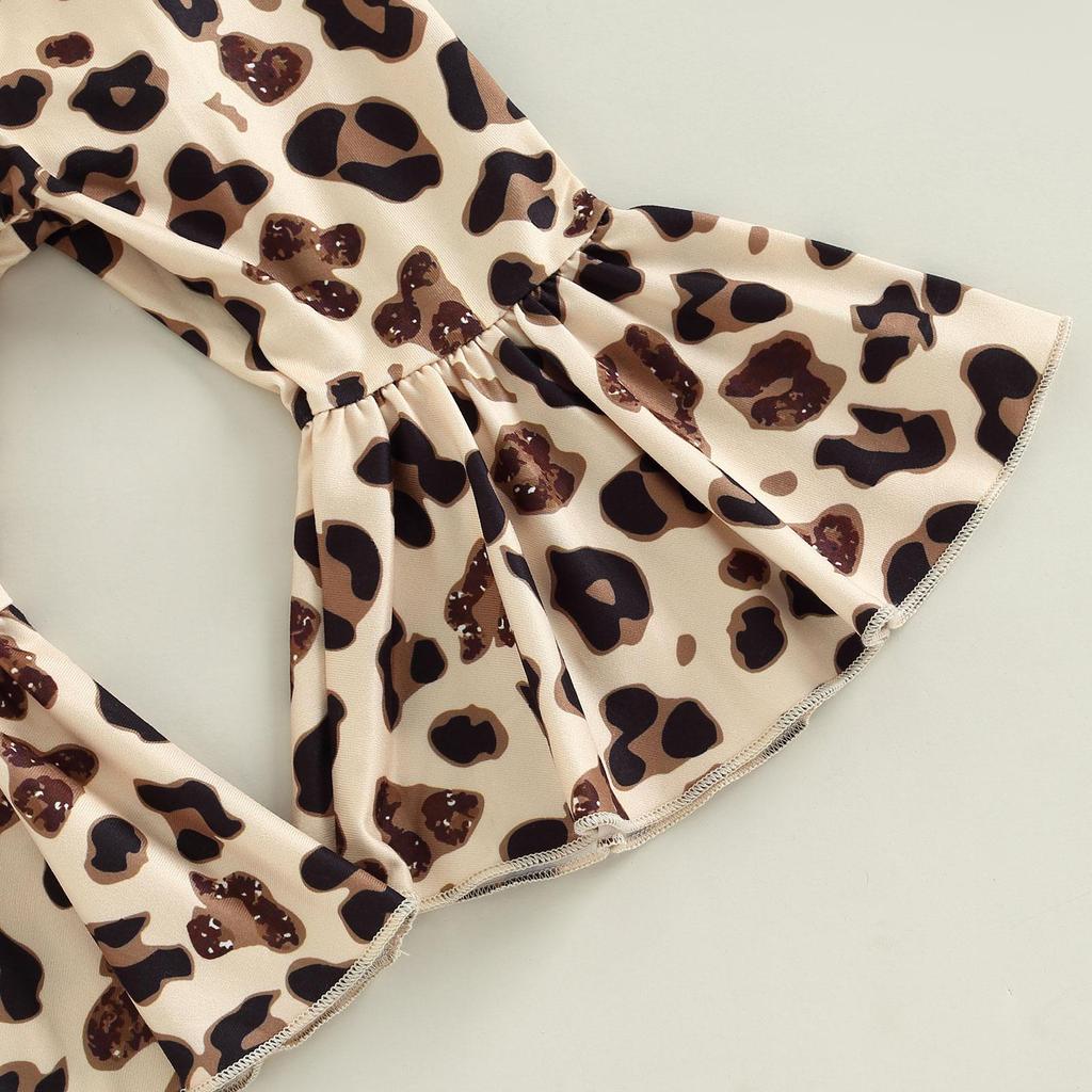 Baby Girls Pants Set, Long Sleeve Romper + Leopard Print Bowknot Flare Pants + Headband