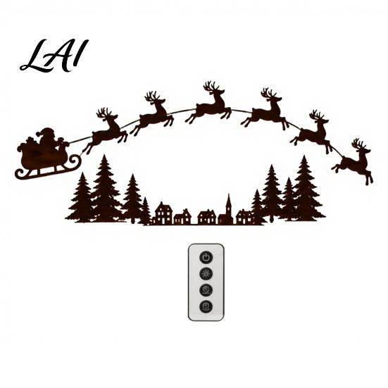 Reindeer Wall Decor Illuminated Wooden Christmas Sleigh And LED Light Set Pine Trees Village Set