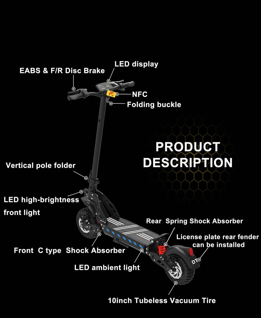DT10 DriveTron Foldable Adult Electric Scooter, 50km/h Electric Kick Scooter, 1000W Skateboards, 48V 15.6Ah Kickboard E-Scooter