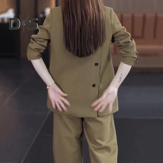 Женский комплект из 2 предметов: пальто и брюки, длинные рукава, кардиган с двумя пуговицами, куртка средней длины, свободные прямые широкие брюки с высокой талией, формальные