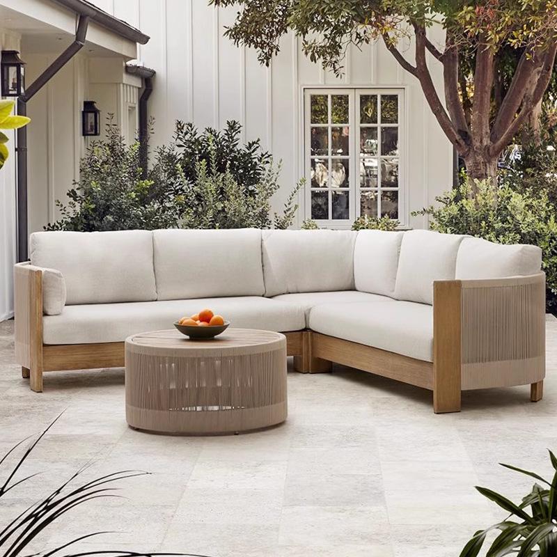 Teak Rattan Outdoor Sofa Set: Waterproof, Sun-Protected, Solid Wood & Woven Rattan for Courtyard, Balcony, Villa, or Terrace Leisure.
