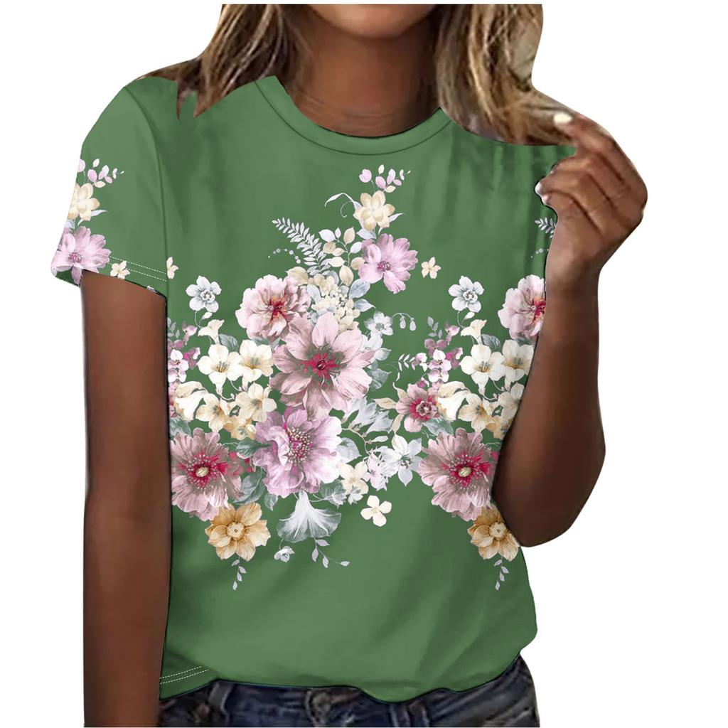 Summer Round Neck Beautiful Floral Print Top Fashionable Casual Short Sleeved Women's T-shirts