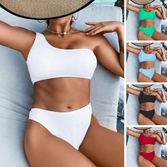 2 Pcs/Set Summer Swimsuit Set One Color Tight Shoulder Solid Sleeveless Padded Bathing Wireless