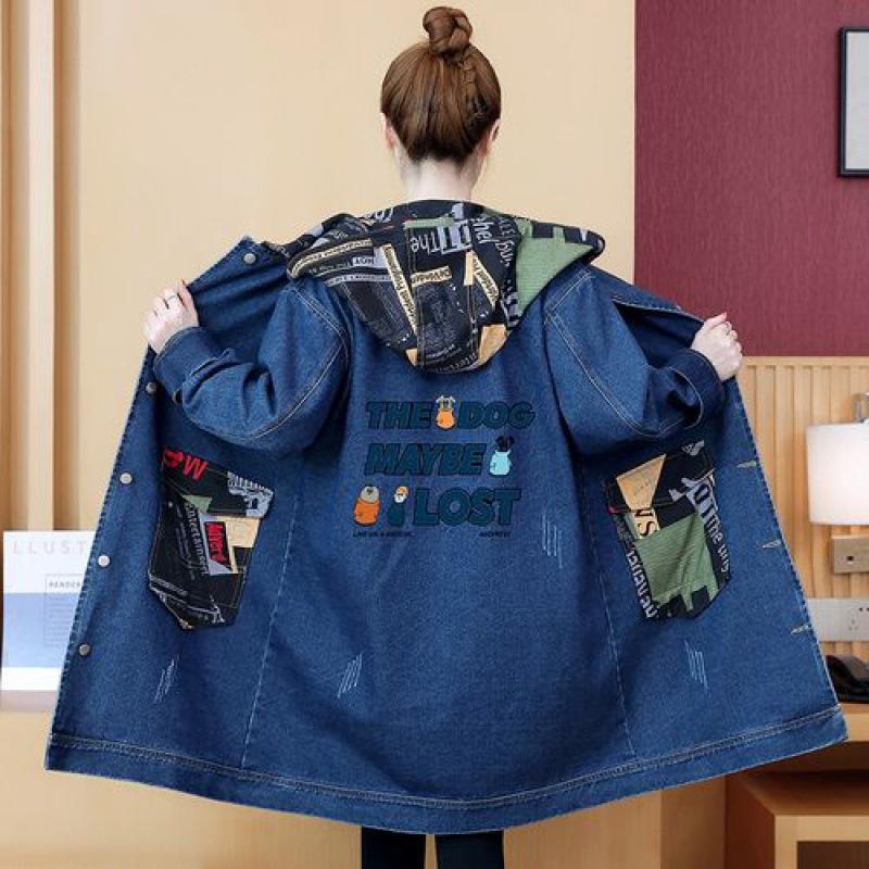 Весенне-осенняя джинсовая куртка женская ветровка с капюшоном пальто с мультяшным принтом длинная верхняя одежда женское свободное пальто больших размеров 5XL