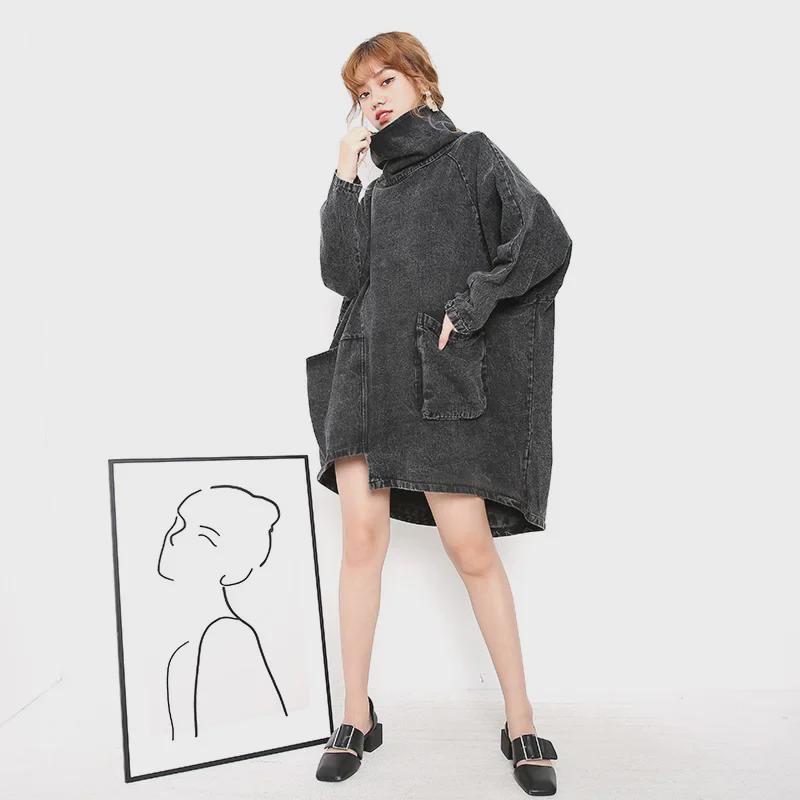 Европейская весенняя мода: Темно-черная водолазка-пуловер, свитшот - большой размер, нестандартный дизайн из денима