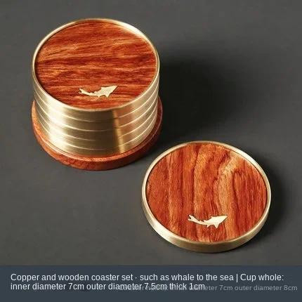 Pure Copper Teacup Holder Blackwood Coaster Household Kung Fu Tea Set Tea Ceremony Utensils Heat Insulation Tea Mat 6 Pieces