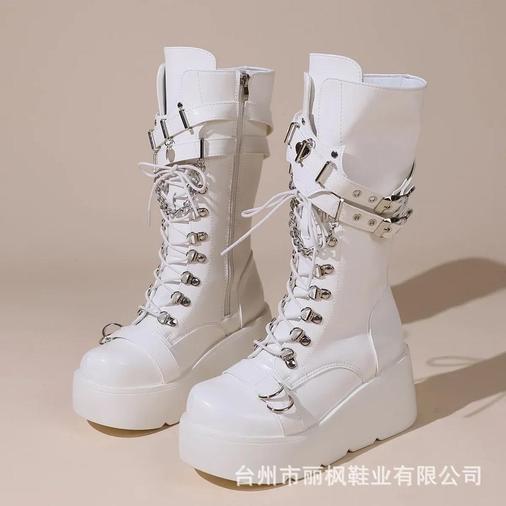 Platform Boots Riveted Buckle Wedges High Women's Boots Punk Spice Chic Biker Rider Boots
