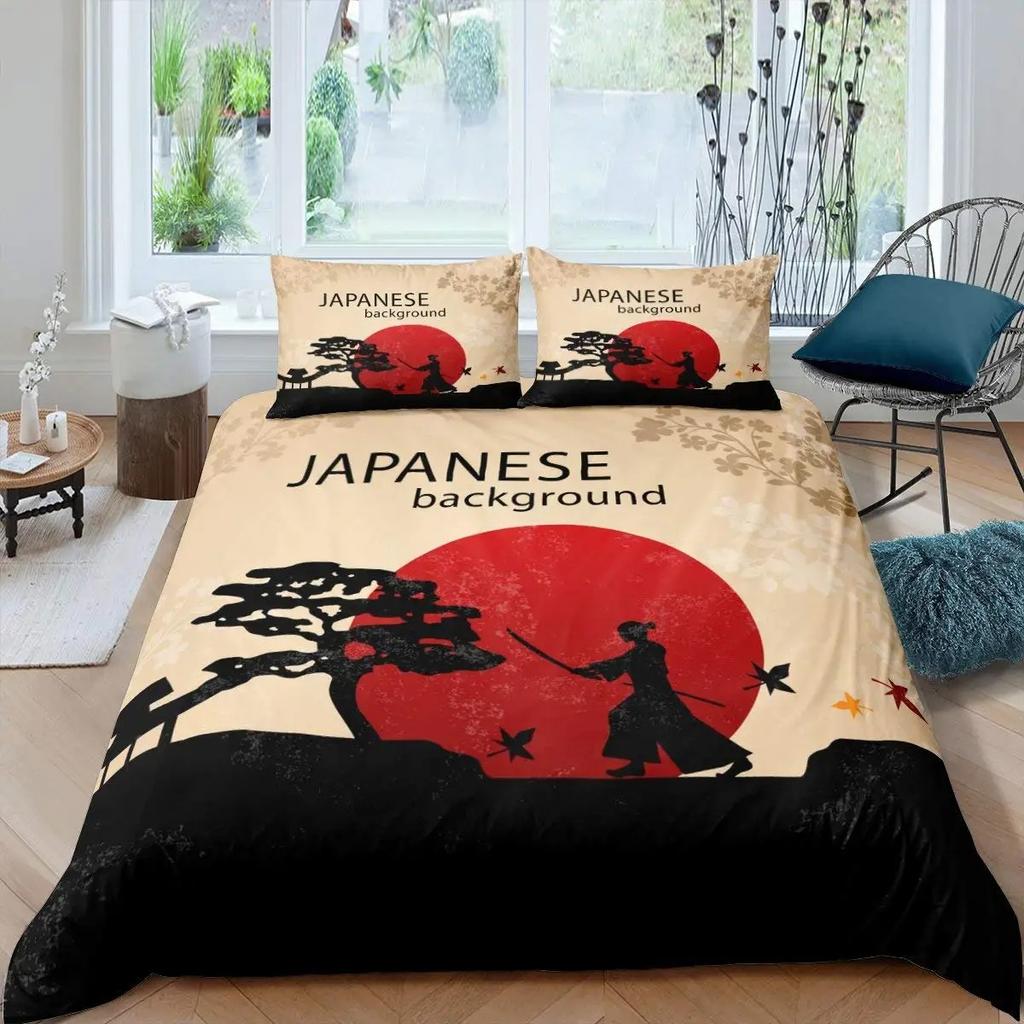 Samurai Duvet Cover Set Sunset Japanese Samurai Quilt Cover Scenery Silhouette Comforter Cover King Size 23pcs Twin Bedding Set