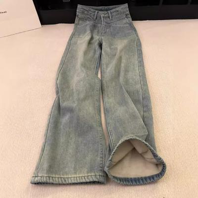 Зимние свободные прямые брюки с высокой талией и флисом для утяжки