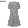 ZANZEA Женское повседневное платье с круглым вырезом, принтом в клетку, летнее, с коротким рукавом