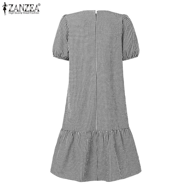 ZANZEA Женское повседневное платье с круглым вырезом, принтом в клетку, летнее, с коротким рукавом