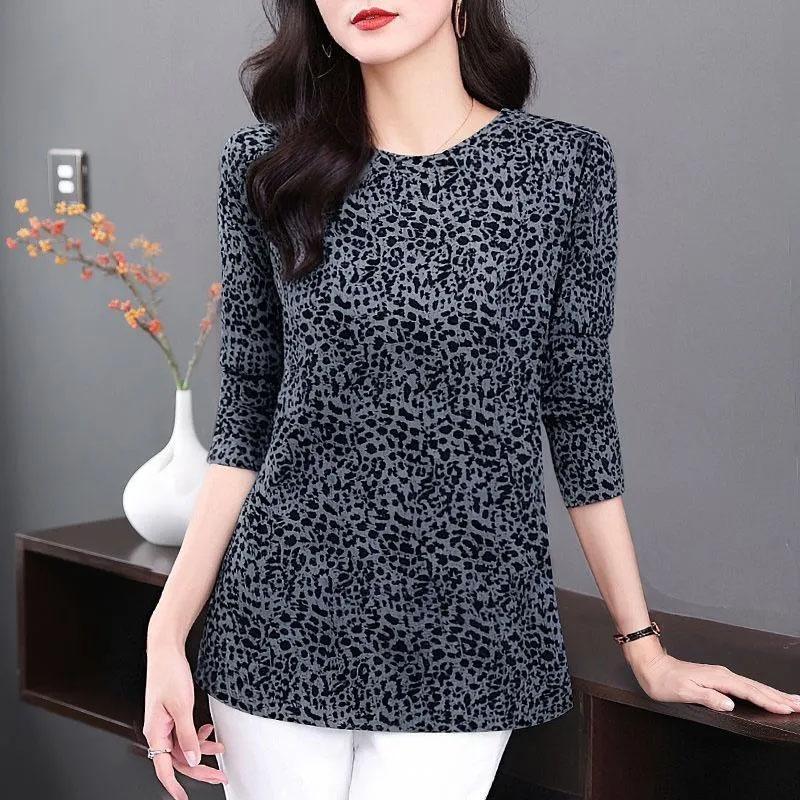 Леопардовый полосатый принт Осень Длинный рукав Женские футболки Модные повседневные топы Ежедневная свободная футболка с круглым вырезом Женская одежда