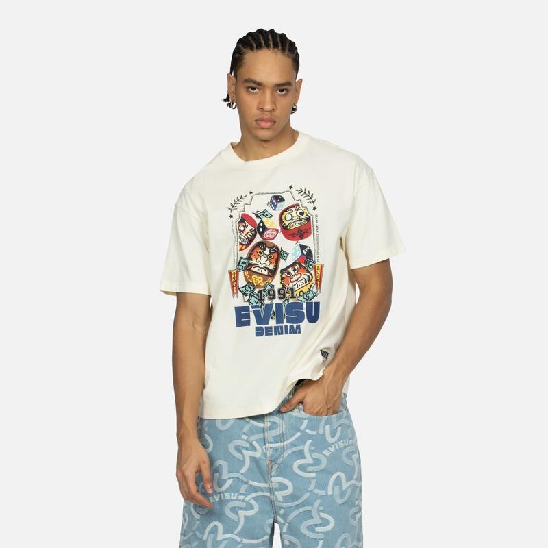 Evisu Мужская повседневная футболка свободного кроя с коротким рукавом, принт Дарума и кубики, мужские топы 2ESHTM4TS1075RXCT