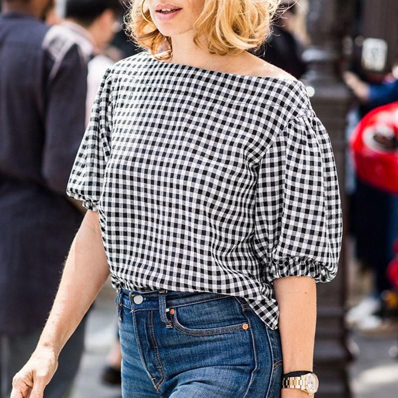 VONDA Женские летние клетчатые блузки с коротким рукавом и нестандартными плечами