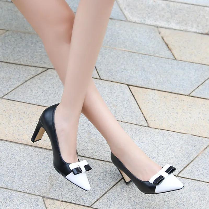 Модные современные туфли на высоком каблуке женские туфли для вечеринок с острым носком черные белые туфли брендовые женские туфли на каблуке 8 см плюс размер 42 D136