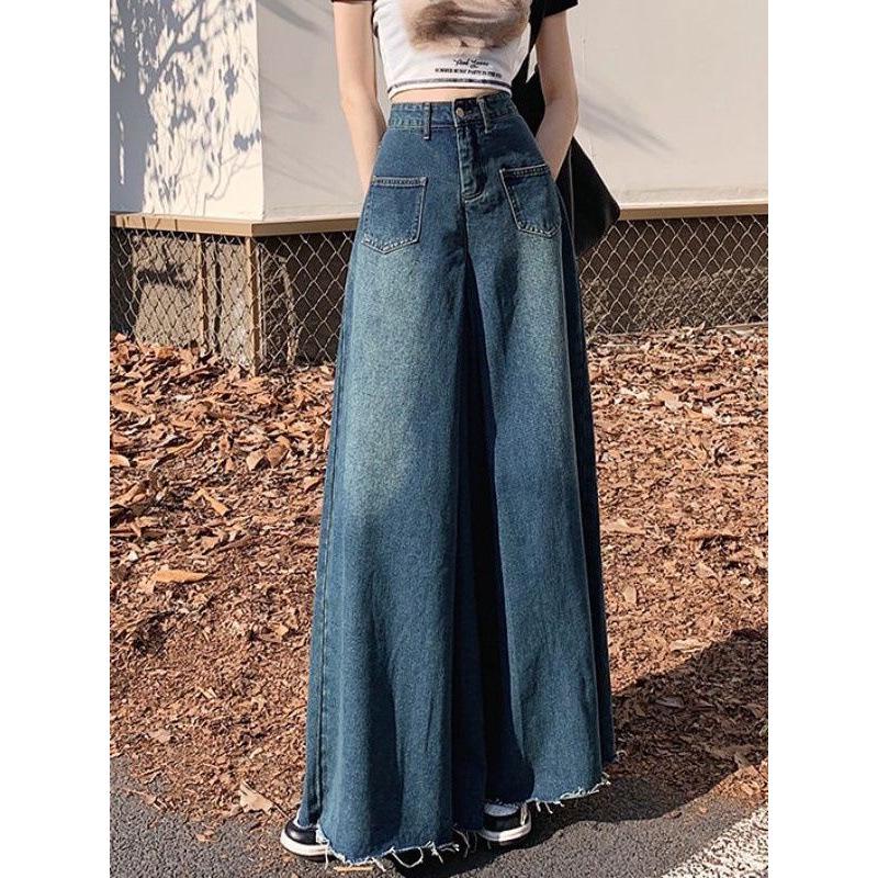 Юбка деним 2024 в стиле ретро с высокой талией и широкими штанинами с необработанными краями для весны и осени