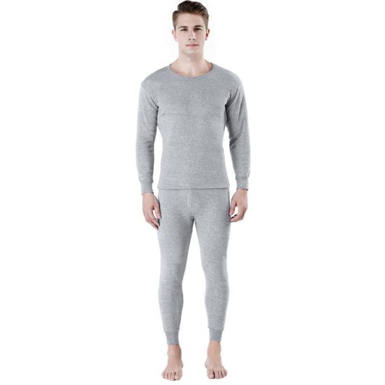 2Pcs/Set Men Warm Suit O-Neck Long Sleeve Tops Elastic Waist Long Pants Set Solid Color Plush Lining Pajamas Set