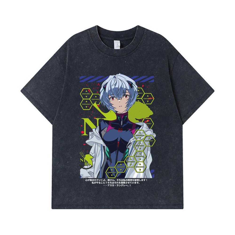 275 GSM Washed T-shirts 100% Cotton Evangelion V6 Rei Print Unisex Heavy Cotton T Shirt